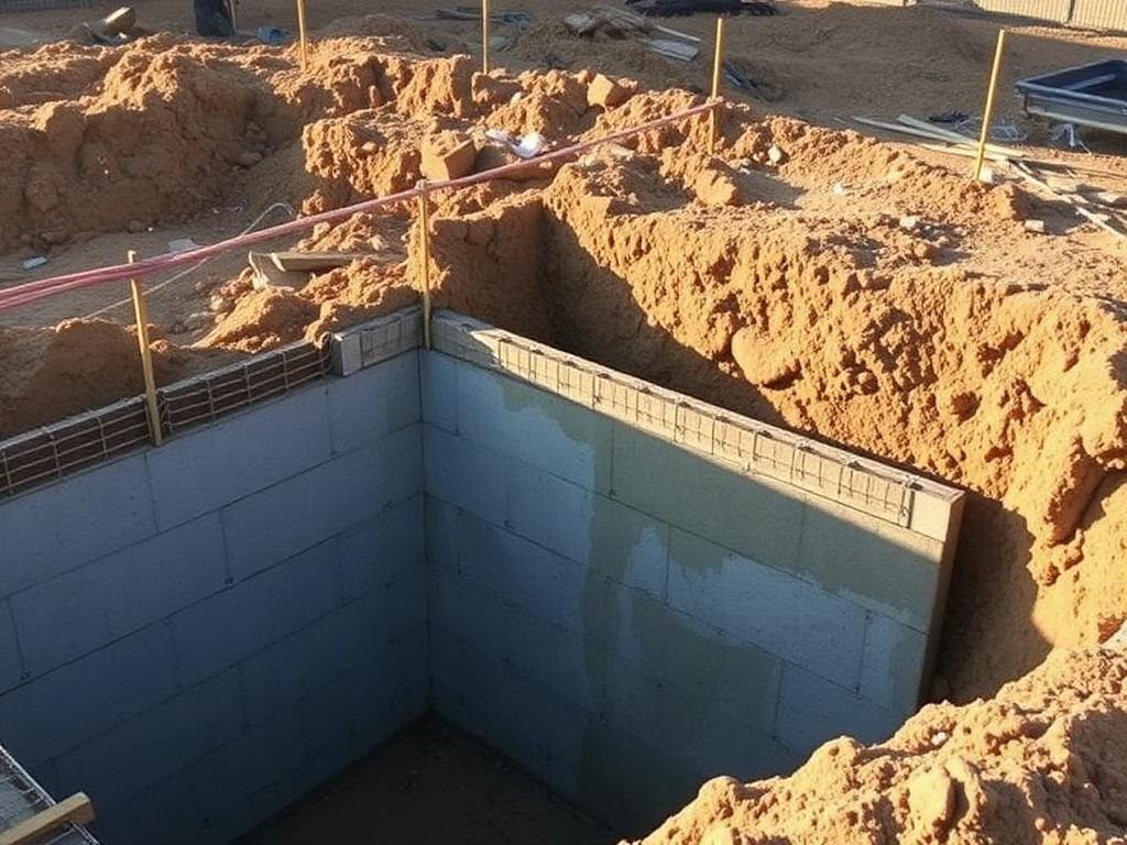 Poured concrete foundation walls and footings for a new house under construction