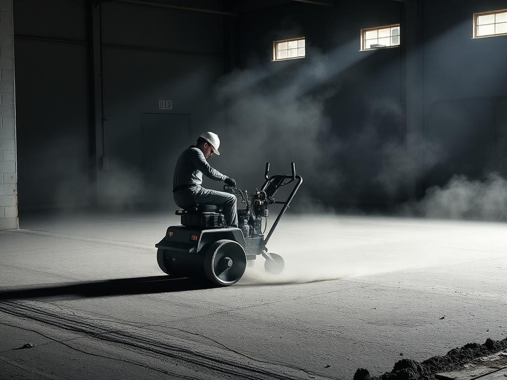 Concrete finisher operating a power trowel on a fresh concrete floor