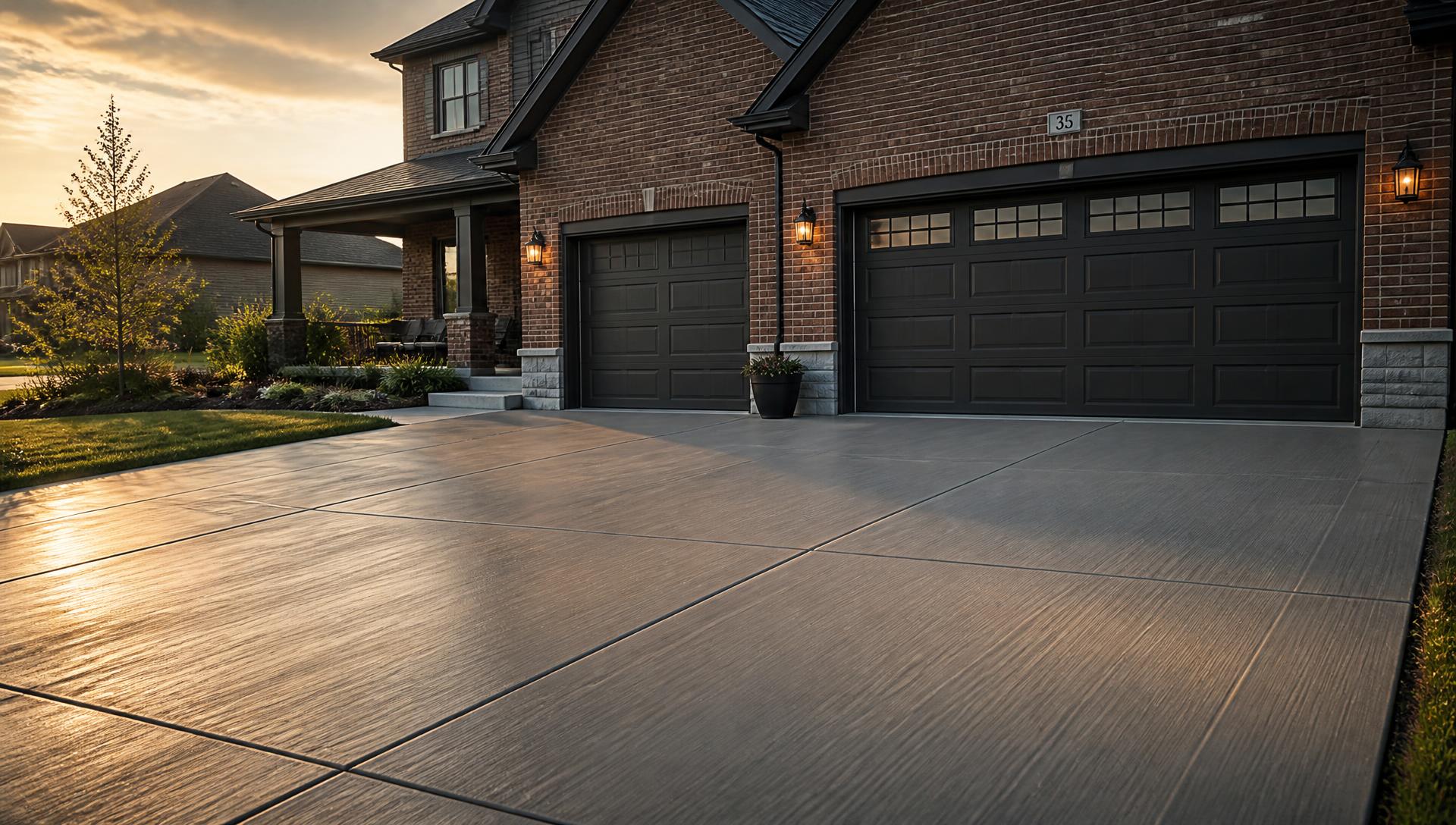 Freshly finished residential concrete driveway in front of a brick home at sunset
