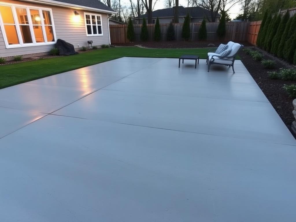 Finished smooth concrete backyard patio with outdoor seating at dusk
