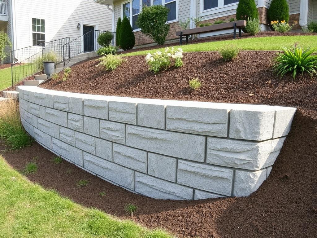 Concrete retaining wall holding a landscaped slope behind a home