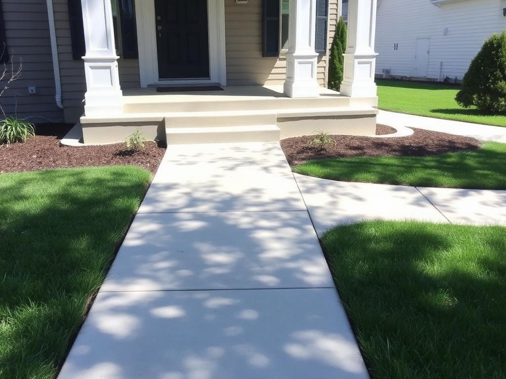 Clean concrete walkway leading to the front porch of a home