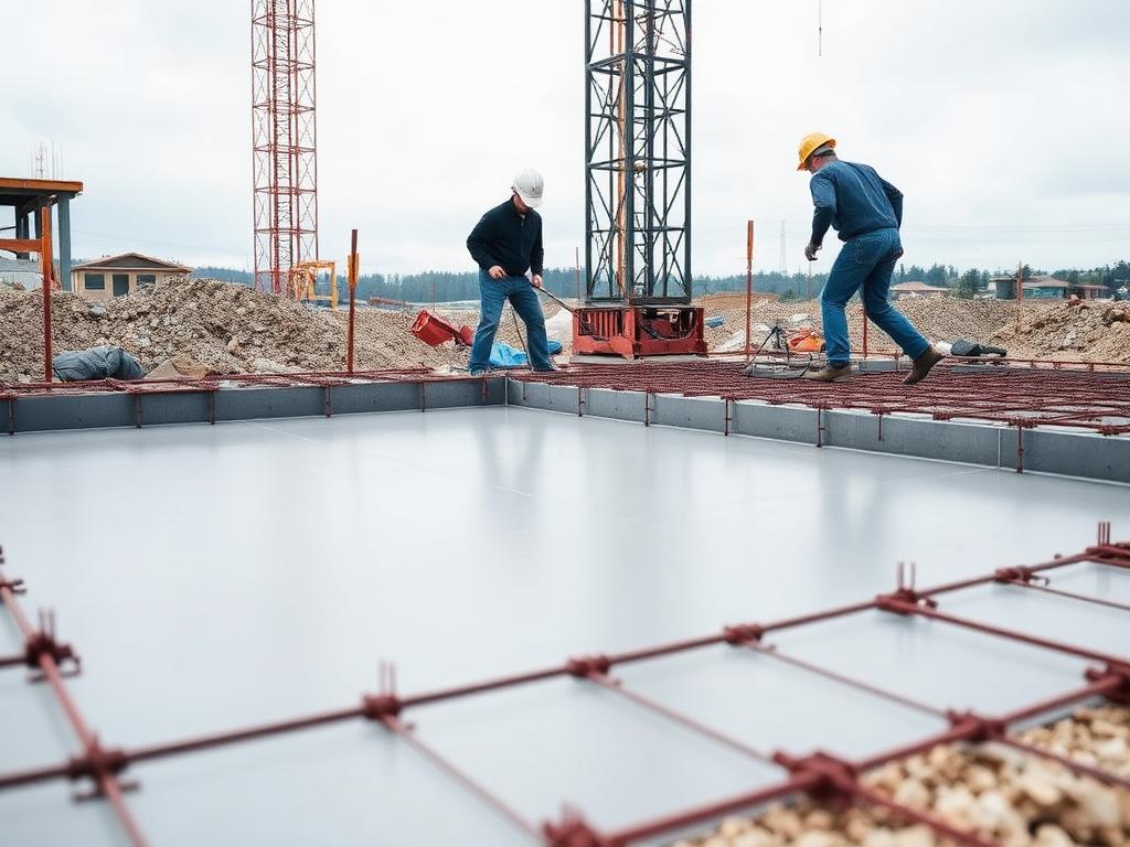 Crew finishing a large reinforced concrete slab on a construction site
