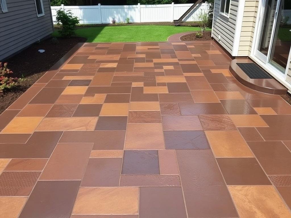 Stamped decorative concrete patio with slate pattern and sealed finish